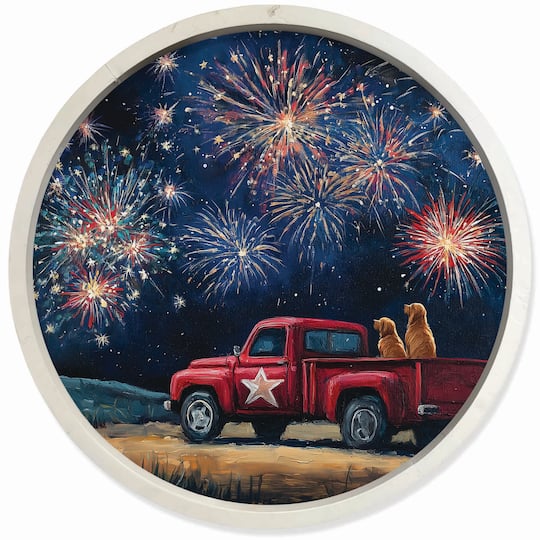 20" Goldens Watching Fireworks Round Framed Print